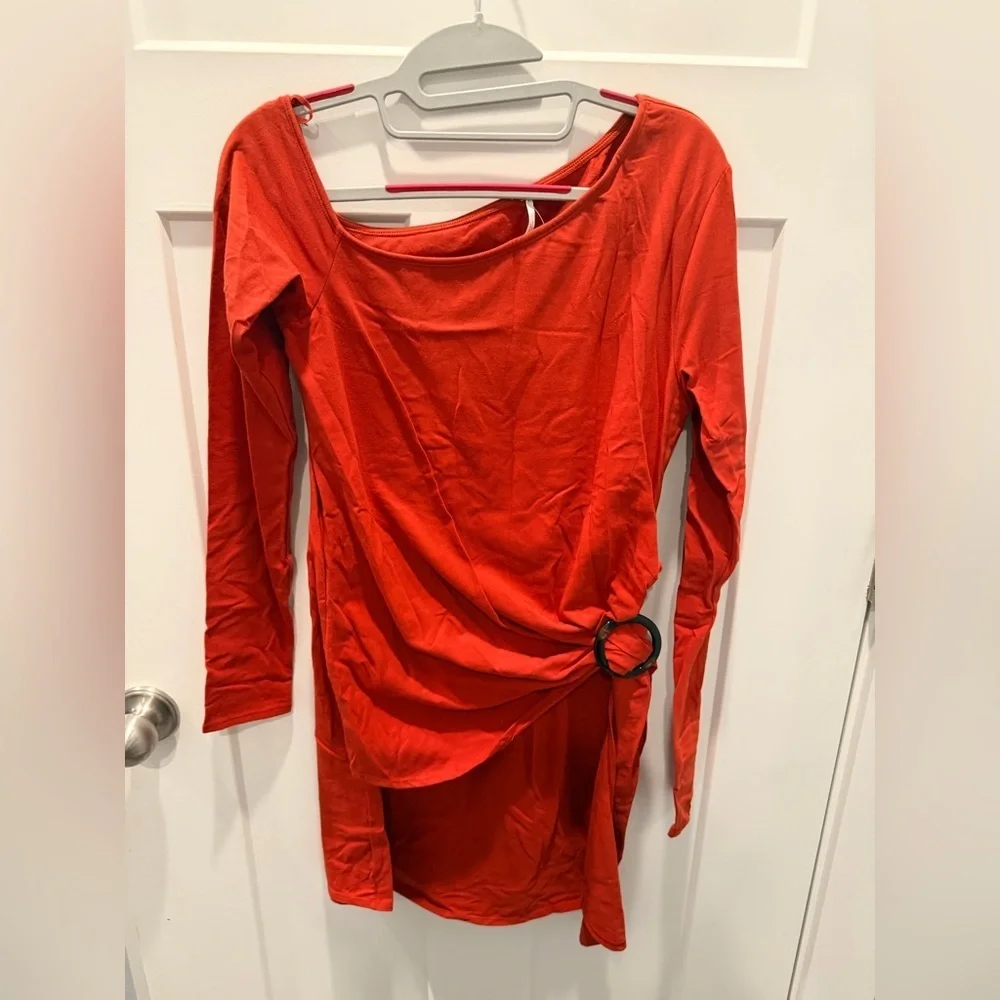 Free People NWT Copper Asymmetrical Mini Dress M Long Sleeve Side Ring